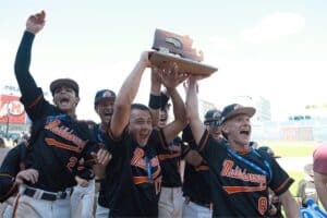 Middleboro celebrates its 2026 MIAA Division 3 title. (Kyle Prudhomme/NEBJ)